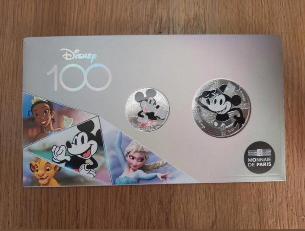 Zilveren herdenkingsmunten 10 en 50 euro 100 jaar Disney, Postzegels en Munten, Ophalen of Verzenden, Overige landen, Overige waardes