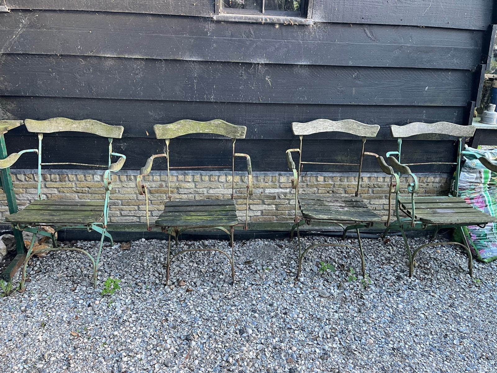 Set van 6 vintage boeren tuinstoelen, Tuin en Terras, Tuinstoelen, Gebruikt, Hout, Ophalen