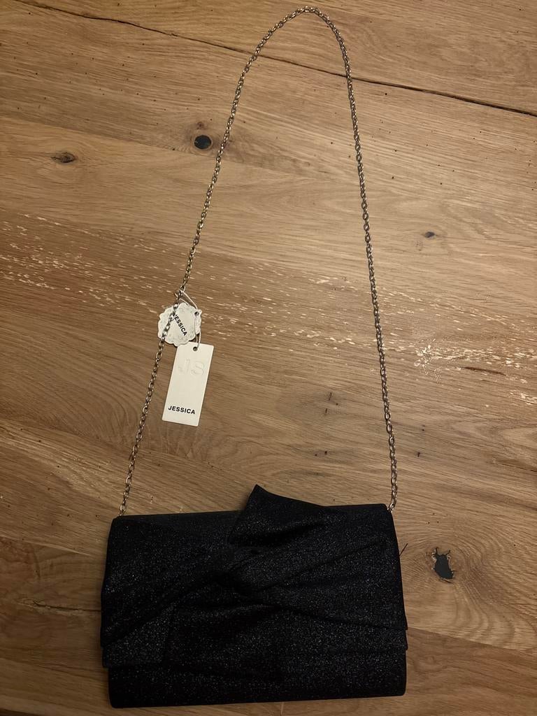 Jessica Zwarte Glitter Avondtasje met Ketting, Ophalen, Nieuw, Zwart, Avondtasje