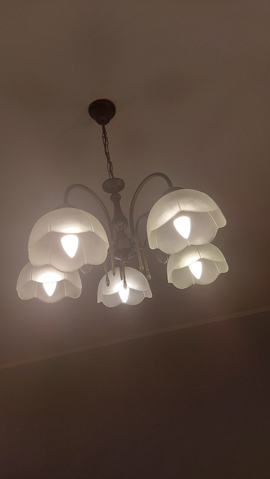 Klassieke kroonluchter met 5 glazen kappen, Huis en Inrichting, Lampen | Kroonluchters, Ophalen, Gebruikt, Klassiek, E14 (klein)
