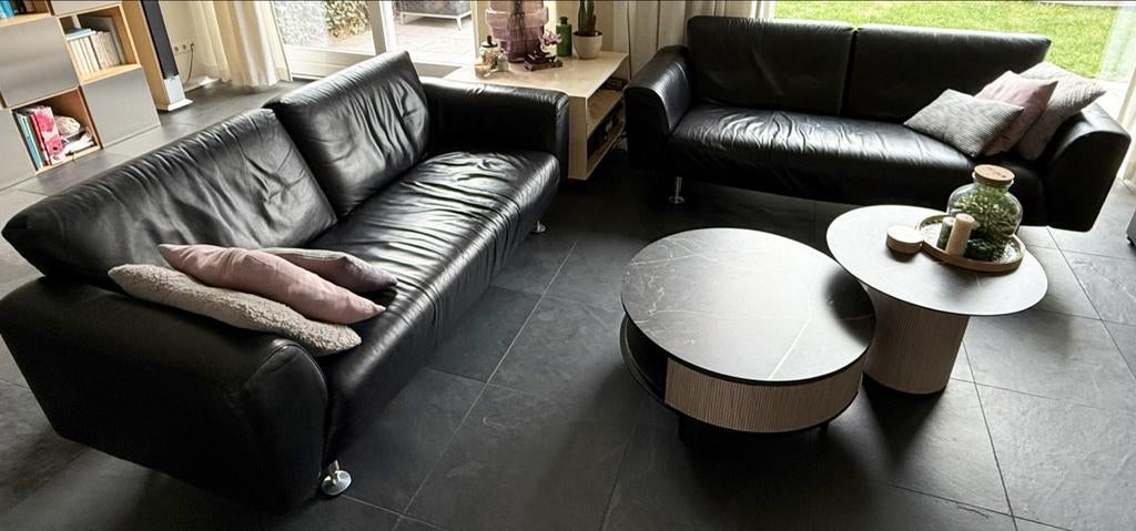 Rolf Benz bankstel, 2 x 2.5 zits, zwart leer, Gebruikt, 150 tot 200 cm, Driepersoons, Ophalen of Verzenden