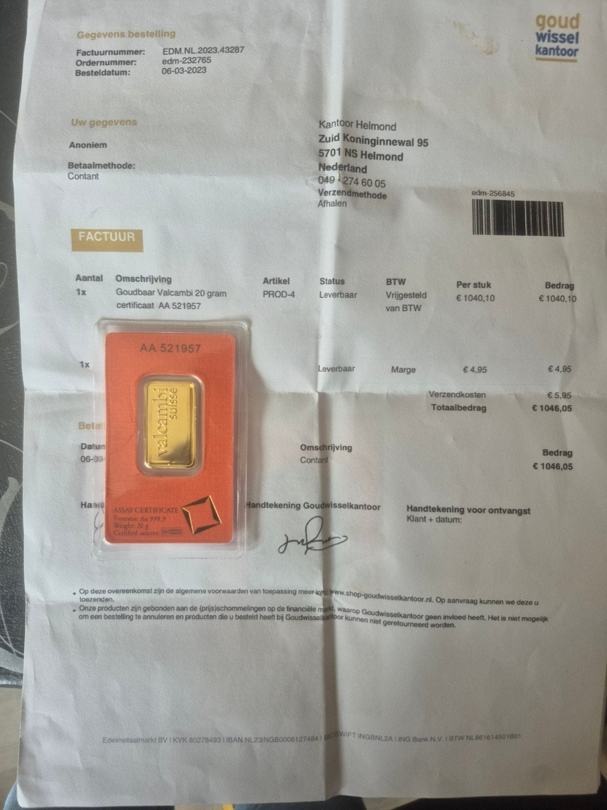 Valcambi Suisse 20 gram goudbaar met certificaat, Ophalen of Verzenden, Goud