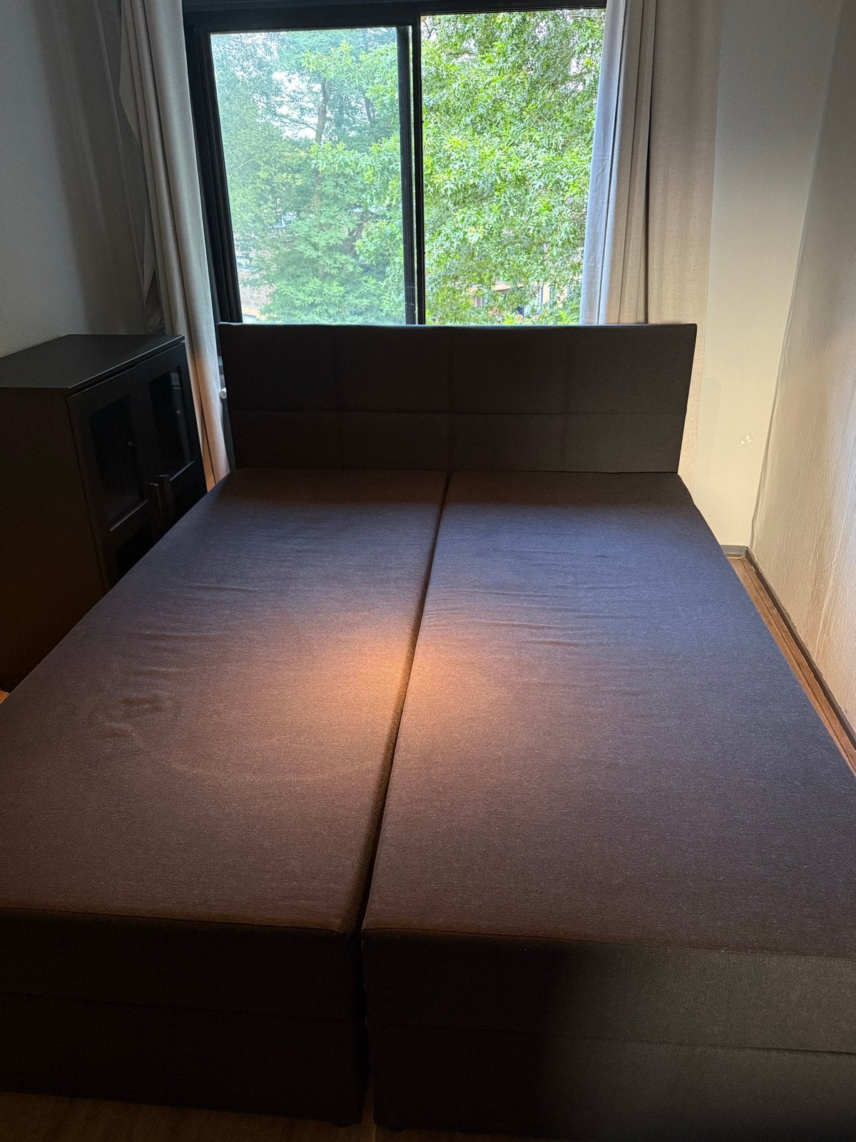 Boxspring bed 160cm donkergrijs met opbergruimte, Huis en Inrichting, Slaapkamer | Bedden, Ophalen, Tweepersoons, Zo goed als nieuw