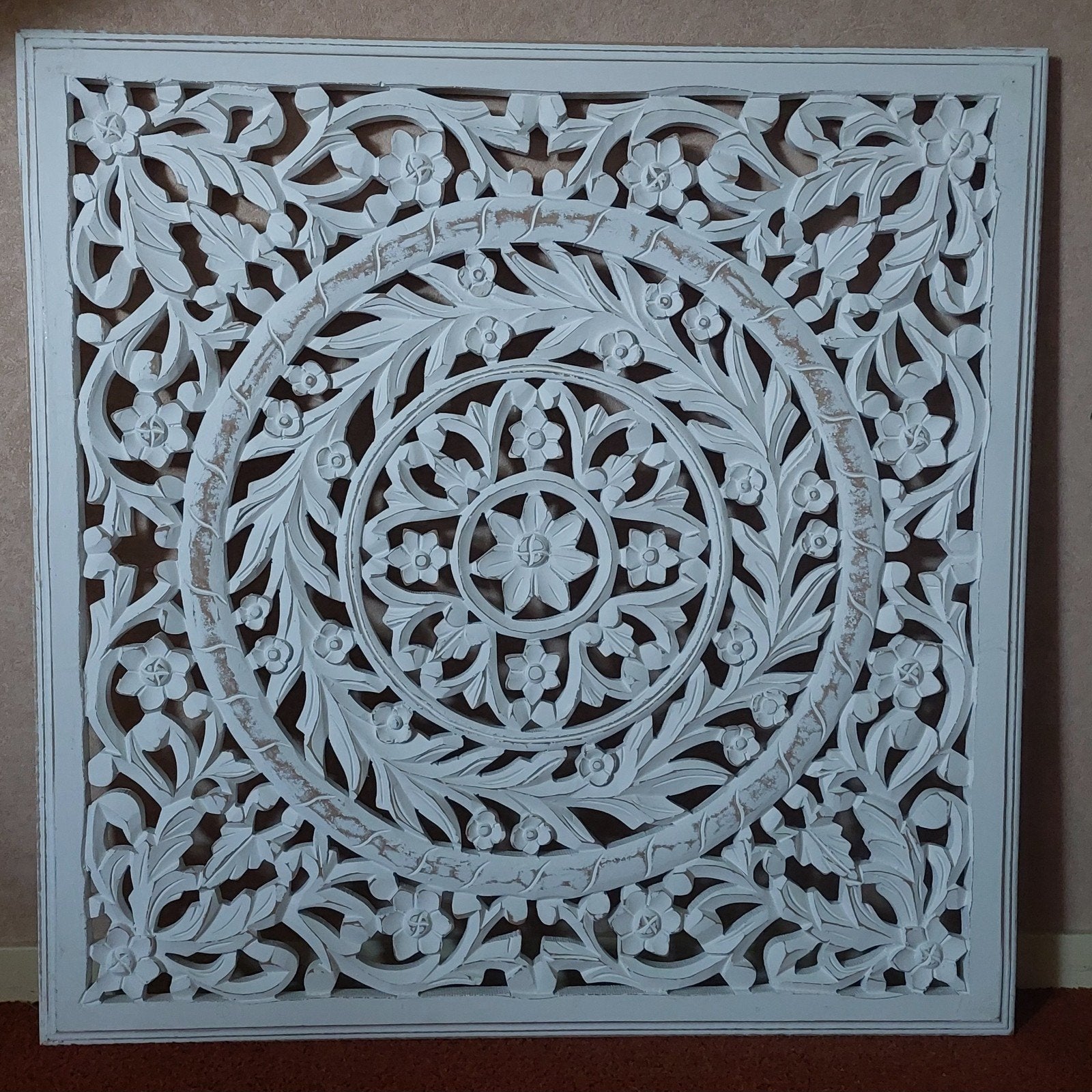 Mandela houten muurdecoratie wandpaneel wit 80x80cm, Ophalen