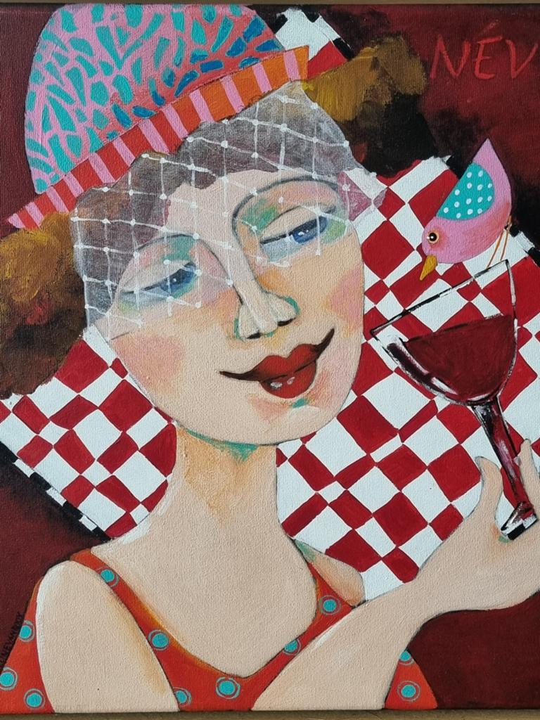 Vrolijk schilderij: Dame met hoed en vogel, Ophalen of Verzenden