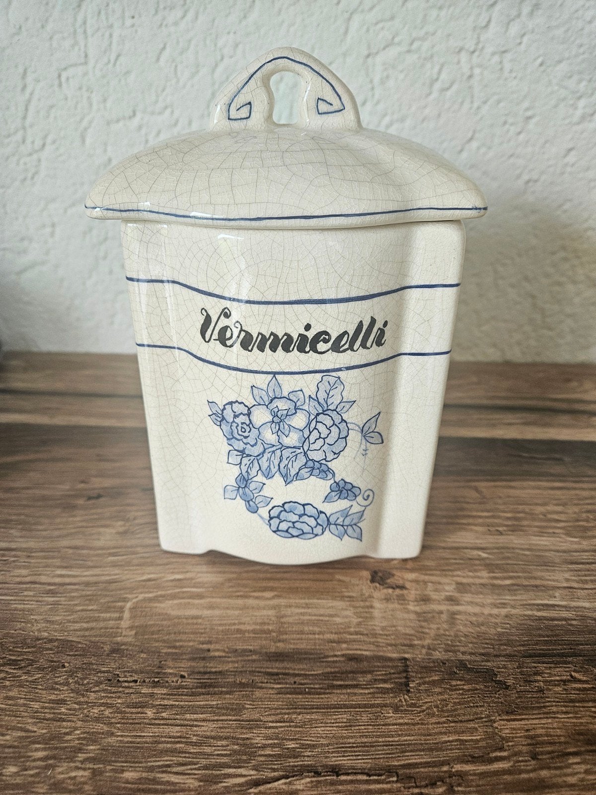Vintage Vermicelli voorraadpot met blauw bloemmotief, Ophalen