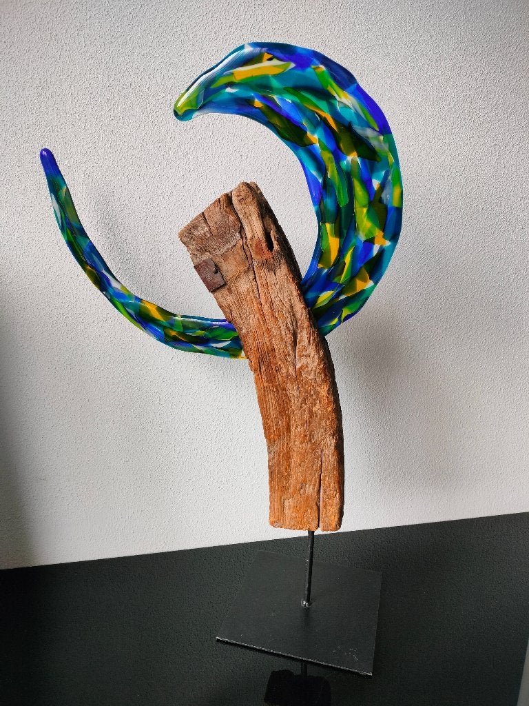 Art Object sculptuur – Hout & Glasfusing – 1980 Drijfhout, Glas, Beeld, Abstract, Handgemaakt