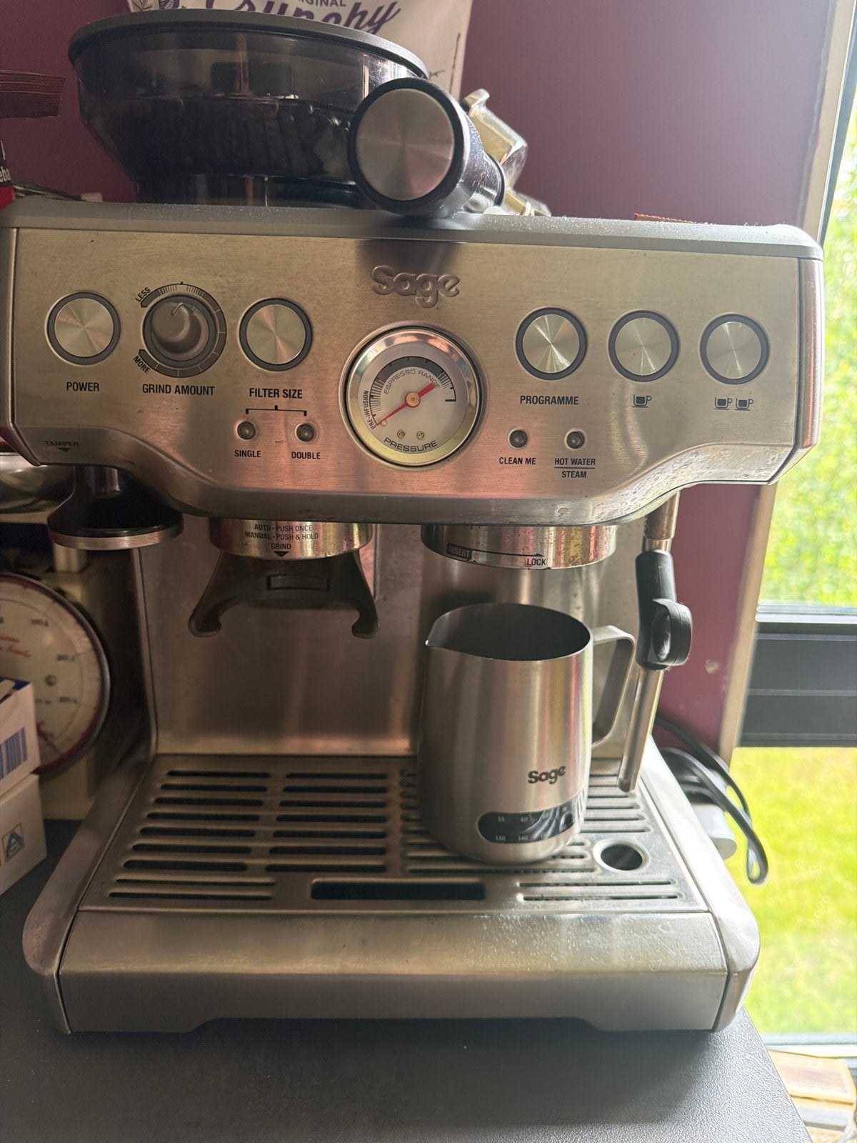 Sage Barista Express Espressomachine - Zo goed als nieuw, Stoompijpje, Espresso apparaat, Zo goed als nieuw, Koffiebonen