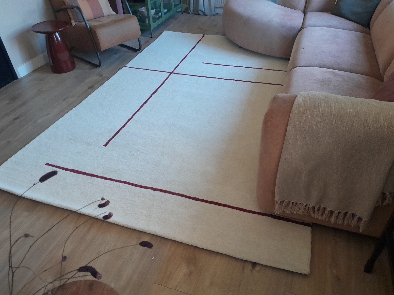 Fonq vloerkleed beige met rode streep, Beige, Ophalen of Verzenden, 200 cm of meer, Rechthoekig