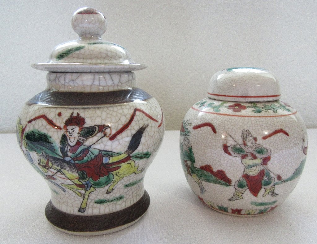 2x oude chinese nanking voorraadpot gemberpot warrior paard, Verzenden