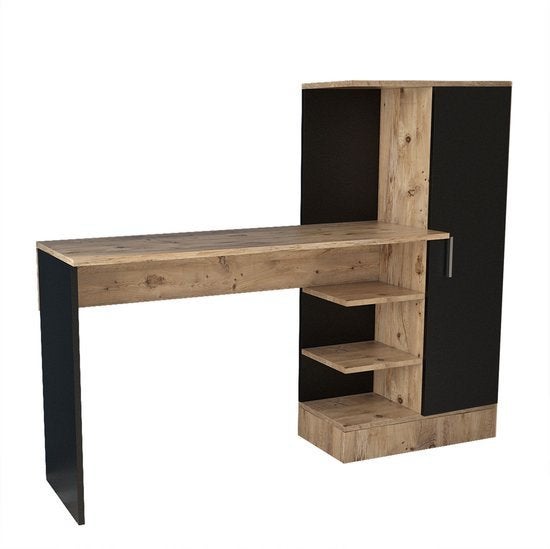 Bureau met Kast - Zwart & Eiken Design, Ophalen, Opbergruimte, Gebruikt, Bureau-kast combinatie