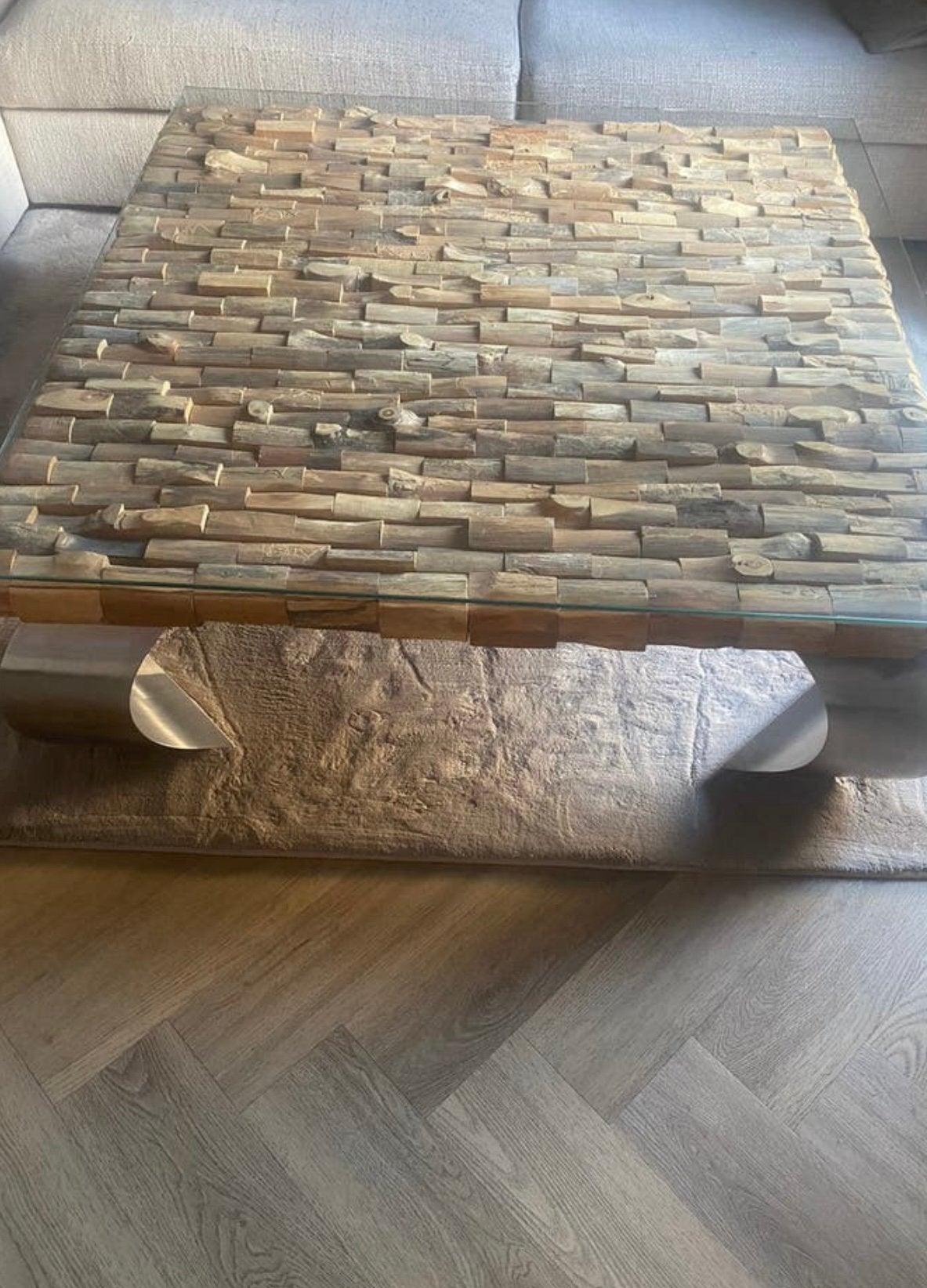 Salontafel met Houten Blokken,, Ophalen, Gebruikt, 100 tot 150 cm, Vierkant