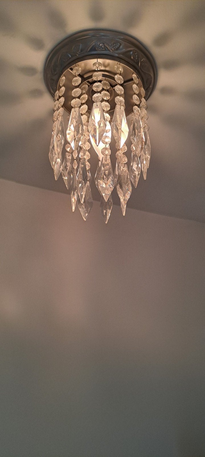 Plafondlamp met kristallen hangers, Gebruikt, Glas, Klassiek, Elegant, E27 (groot)