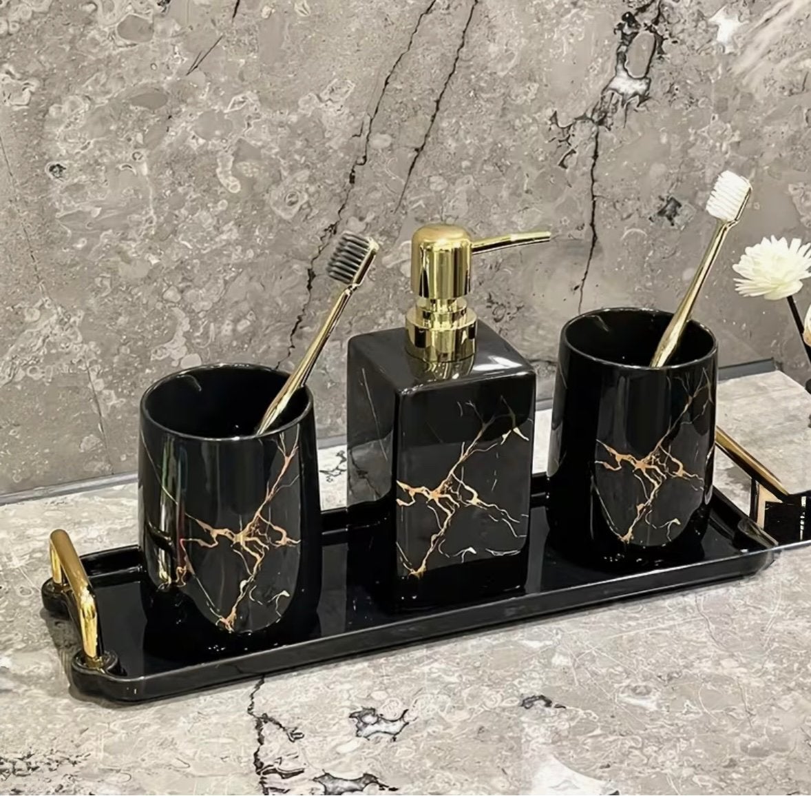Marmer look badkamer set in wit of zwart, Ophalen of Verzenden, Nieuw, Meerkleurig, Zeepdispenser/zeepbakje