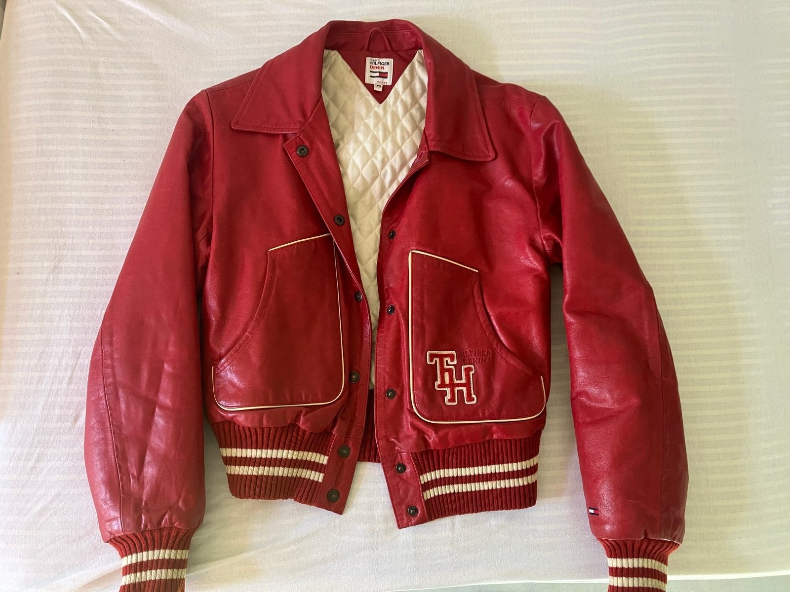 Vintage Tommy Hilfiger Denim Leren Bomberjack - Maat M, Ophalen of Verzenden, Zo goed als nieuw, Maat 38/40 (M), Rood