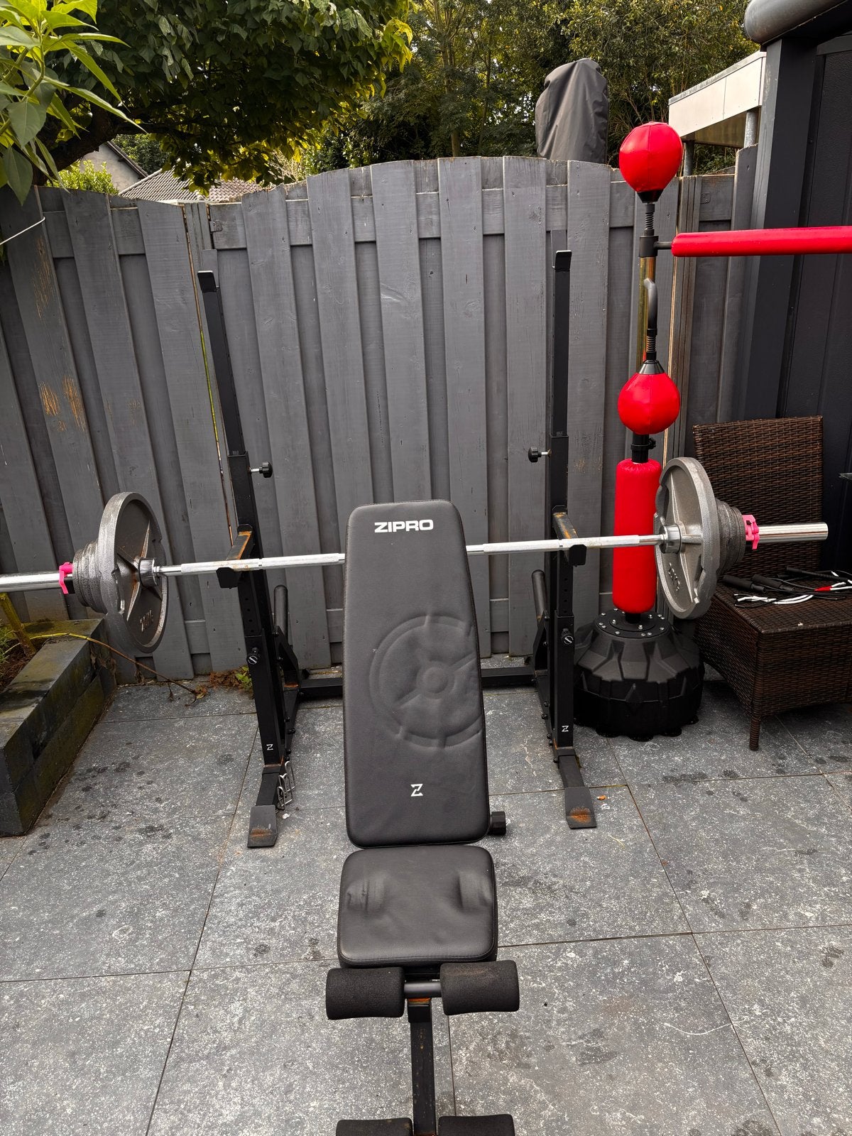 Complete Home Gym: 50mm Barbell, Gewichten, Bankje & Rek, Ophalen, Gebruikt, Krachtstation, Armen
