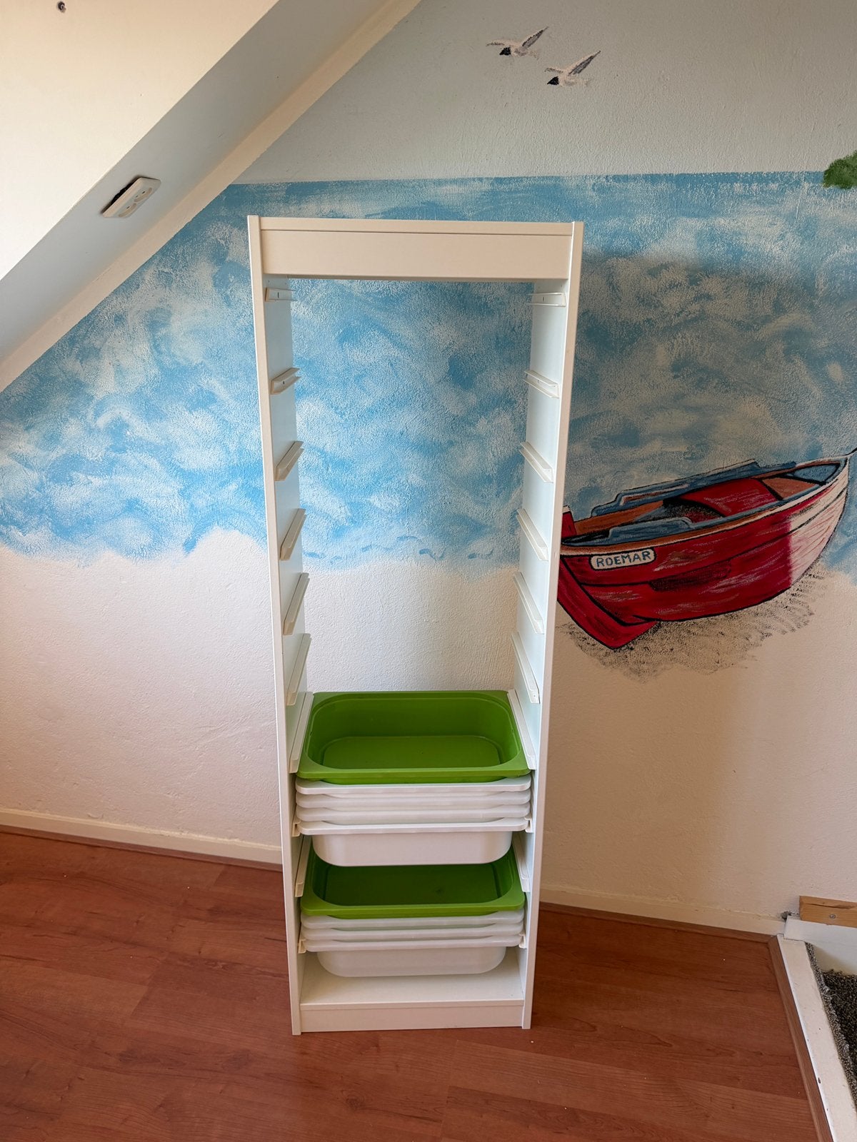 IKEA Trofast kast met 9 bakken (2 groen, 7 wit), Ophalen, Gebruikt, 5 laden of meer, 100 tot 150 cm