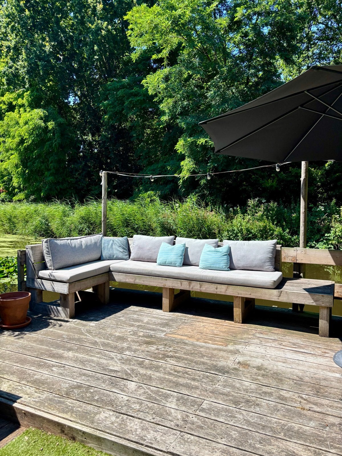 Riante houten tuinbank/lounge 360 x 150 cm incl kussens, Tuin en Terras, Ophalen, Gebruikt, Hout