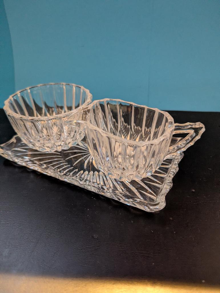 Vintage starbust cut glass  roomstel, sugar bowl and creamer, Ophalen of Verzenden