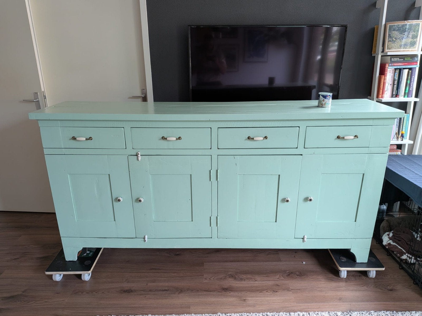 Massief hardhout (eiken?) dressoir/kast | 206x45x100cm, Ophalen, Gebruikt, Met lade(s), Eikenhout