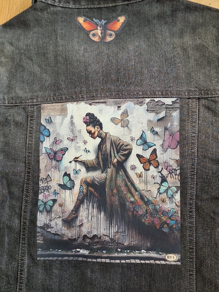 Frida Kahlo dames spijkerjasje, jeansjasje, denim, upcycled, Ophalen of Verzenden, Zo goed als nieuw, Maat 38/40 (M), Grijs