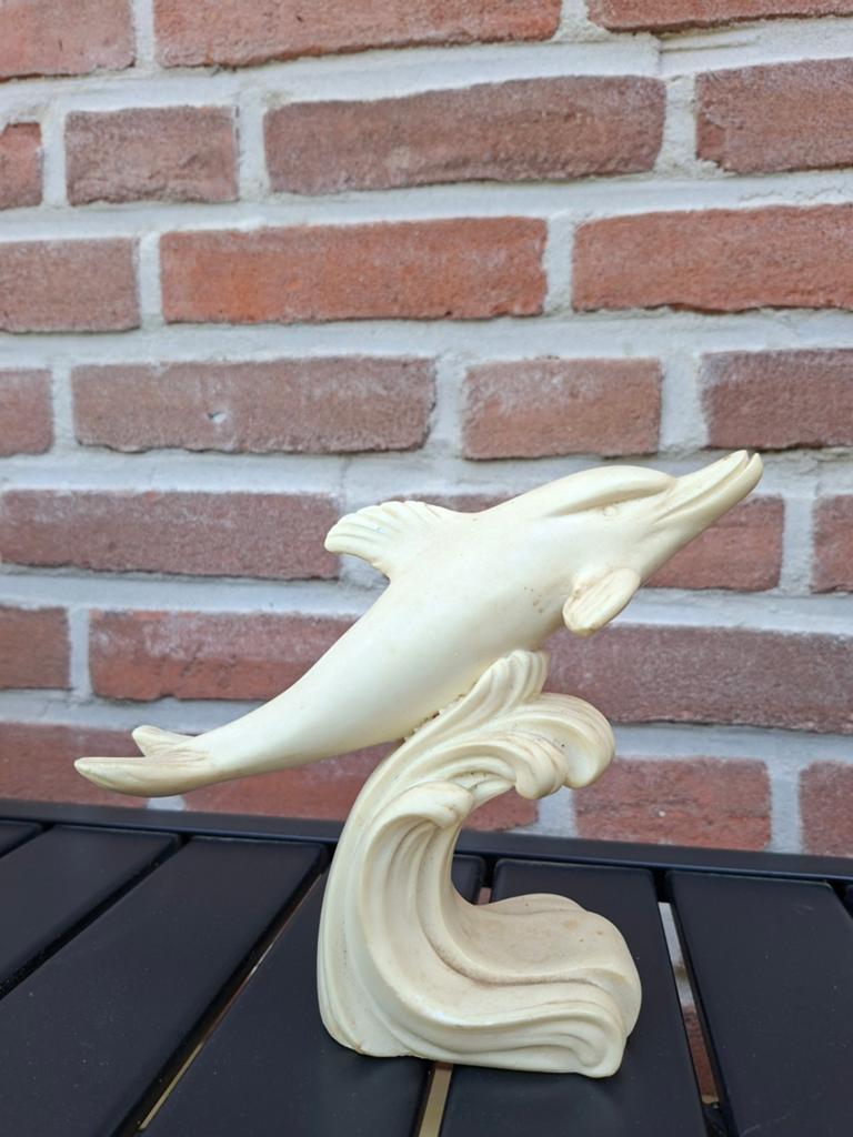 Vintage dolfijn beeldje op golf - Crèmekleurig, Vintage, Gebruikt, Beige, Ophalen of Verzenden