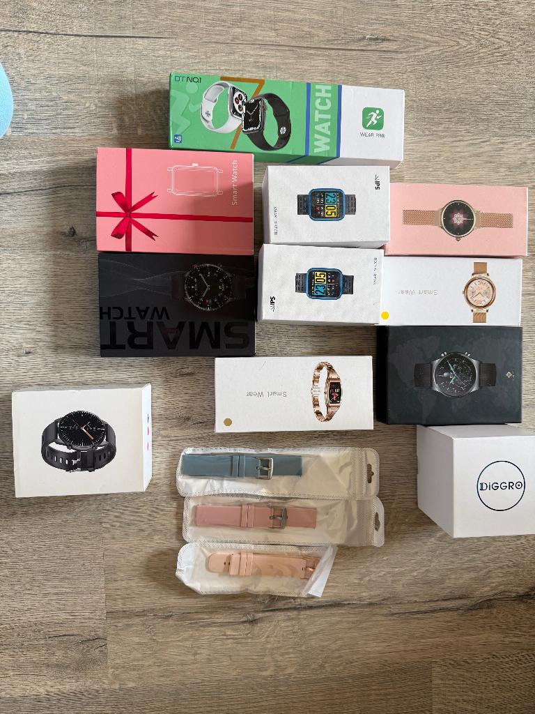 Partij smartwatches (11 stuks) + 3 extra bandjes, Ophalen of Verzenden, Zo goed als nieuw, Zwart, Android