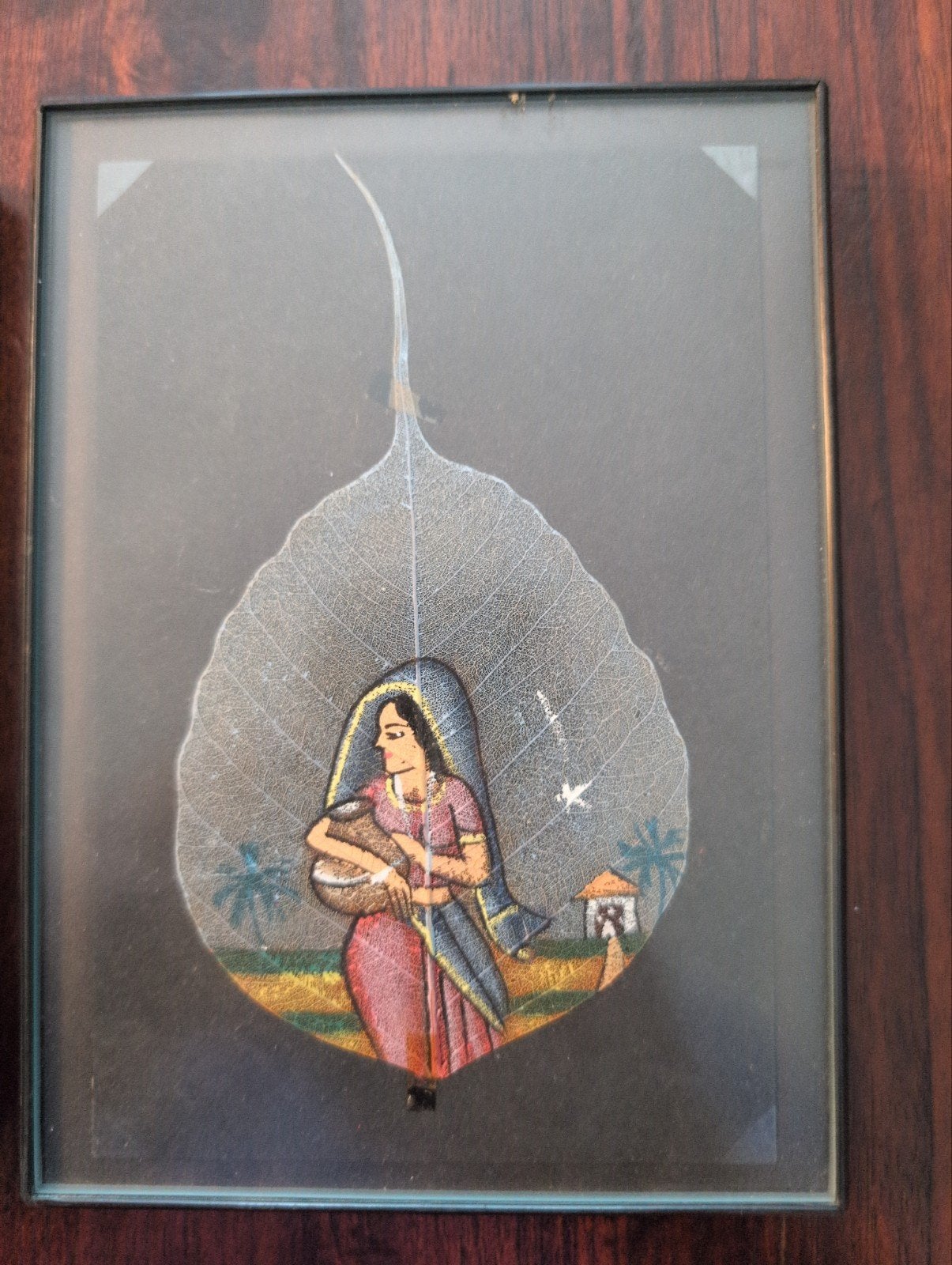 2 Indiase miniatuurschilderijen op skeletbladeren, Schilderij, Natuurlijk materiaal, India, Geschilderd