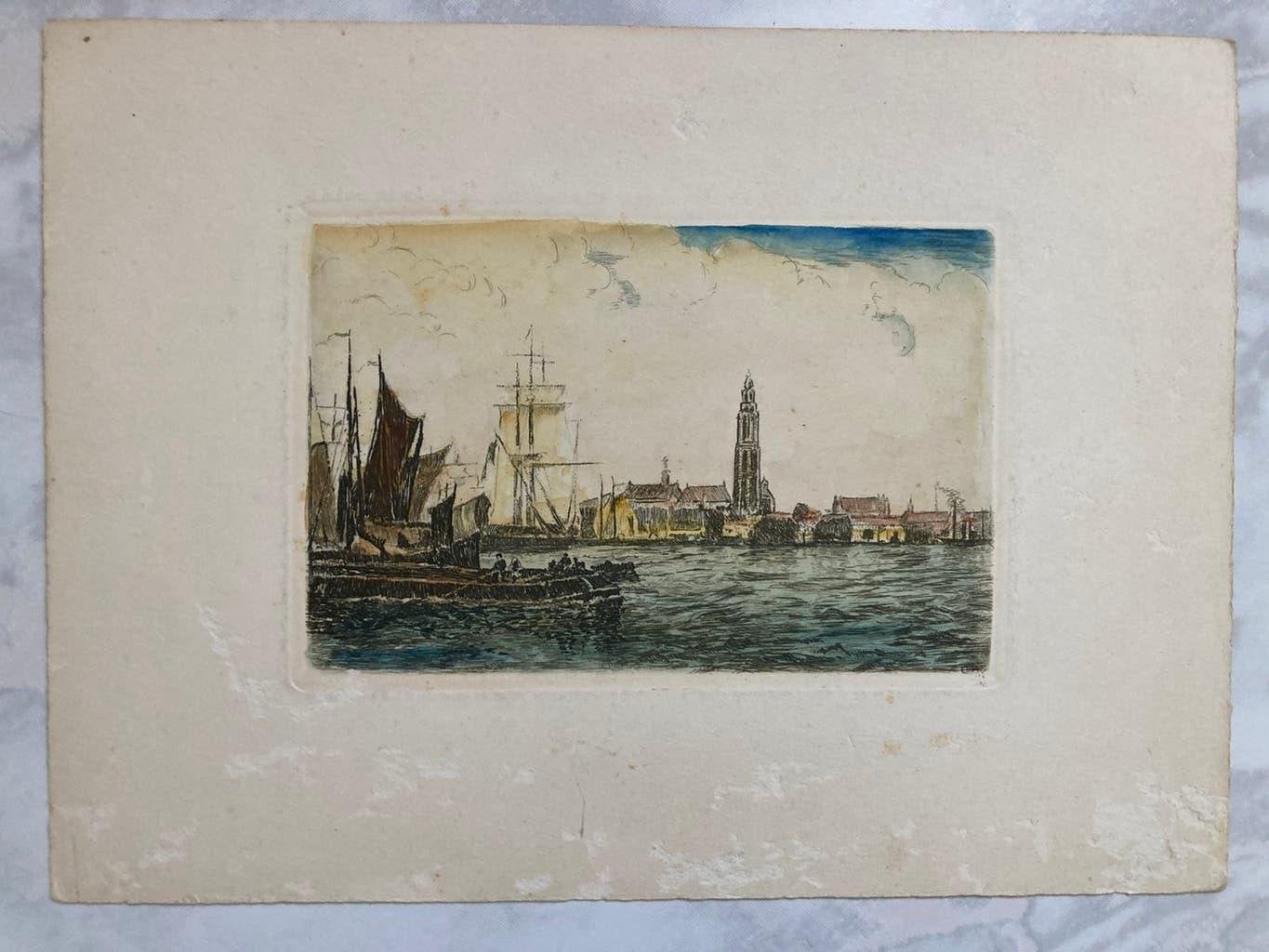 Gravures Anvers, Le Steen, Cathedrale, De Schelde, in kleur., Gesigneerd, Stadsgezicht, Ophalen of Verzenden, 13 cm
