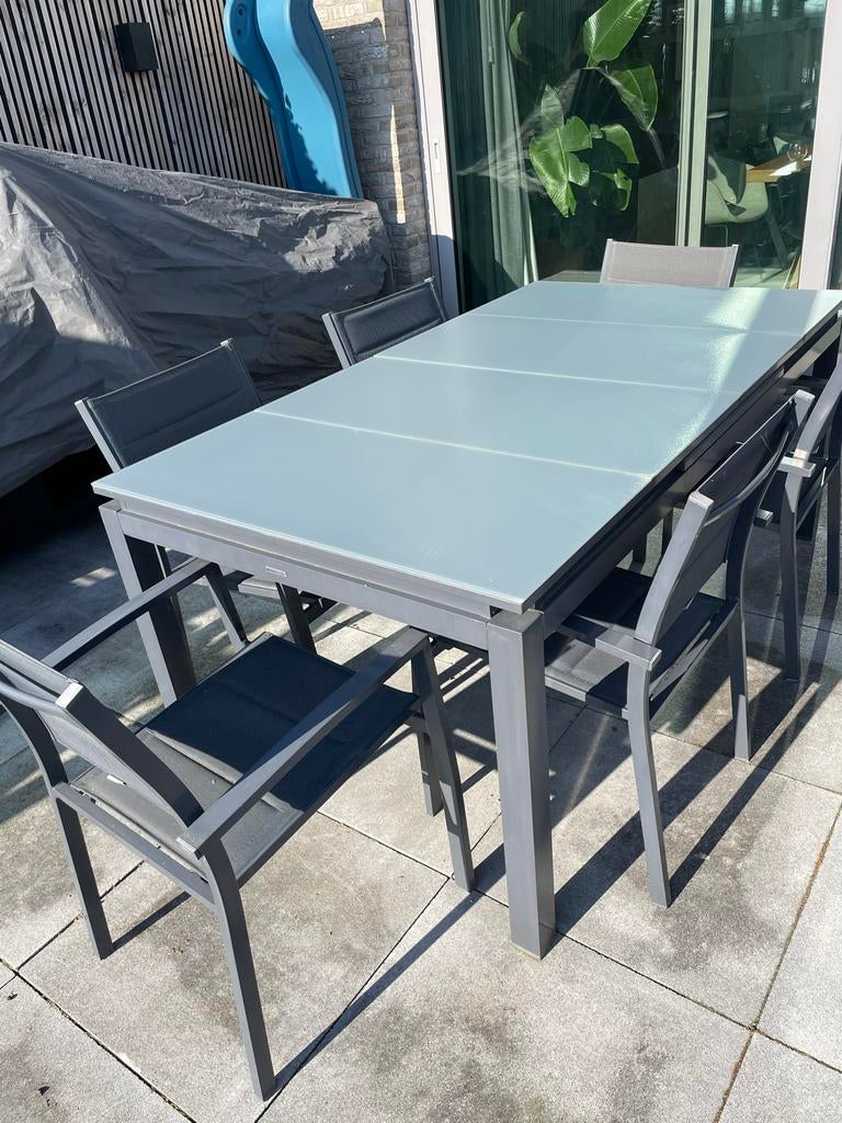 Uitschuifbare tafel met 6 stoelen, antraciet en glas, Ophalen, Zo goed als nieuw, Overige modellen, Overige typen