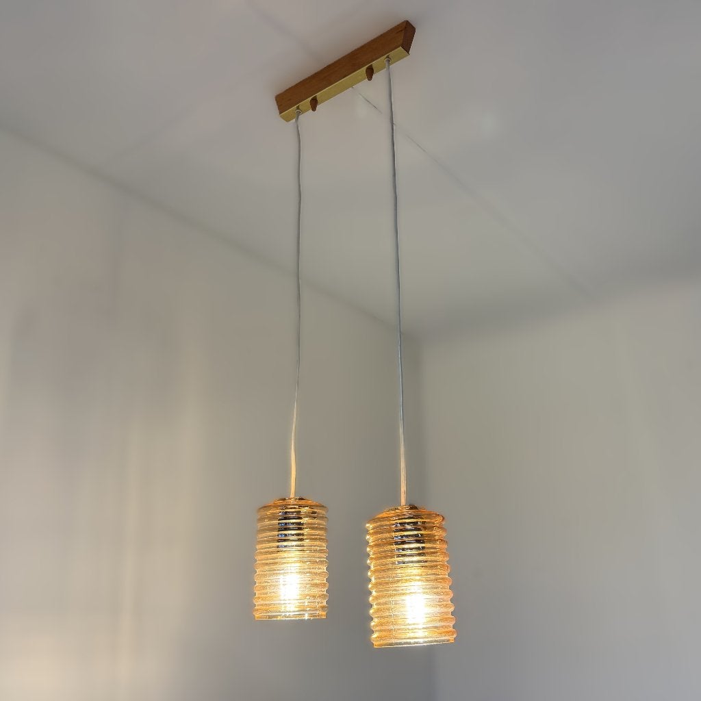 Vintage plafondlamp met twee amberkleurige kappen, D, Gebruikt, Vintage, Glas