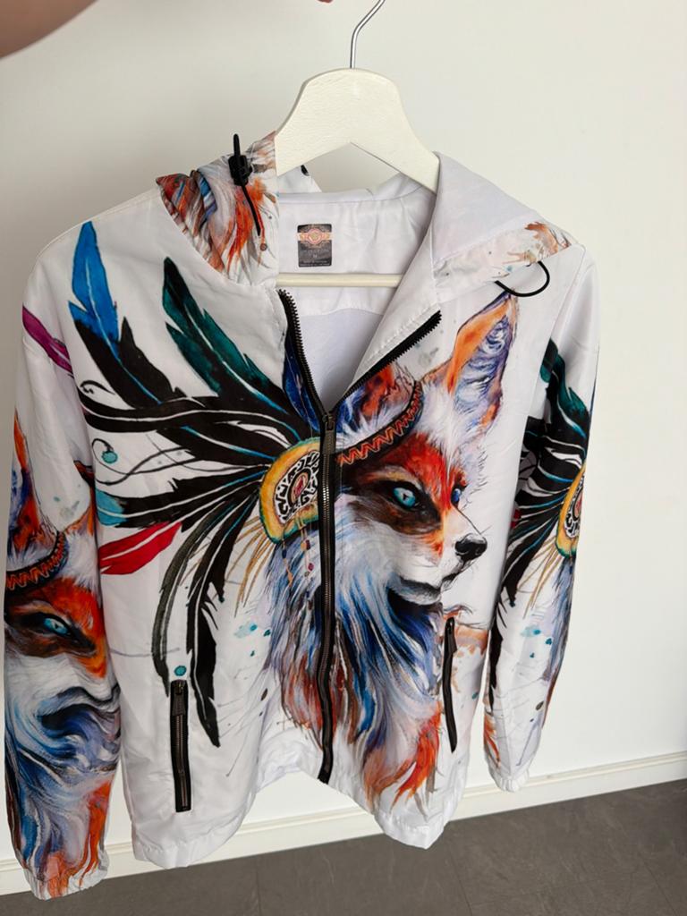 Unieke Windjack met Wolf Print - Maat M, Ophalen of Verzenden, Zo goed als nieuw, Maat 48/50 (M), Wit