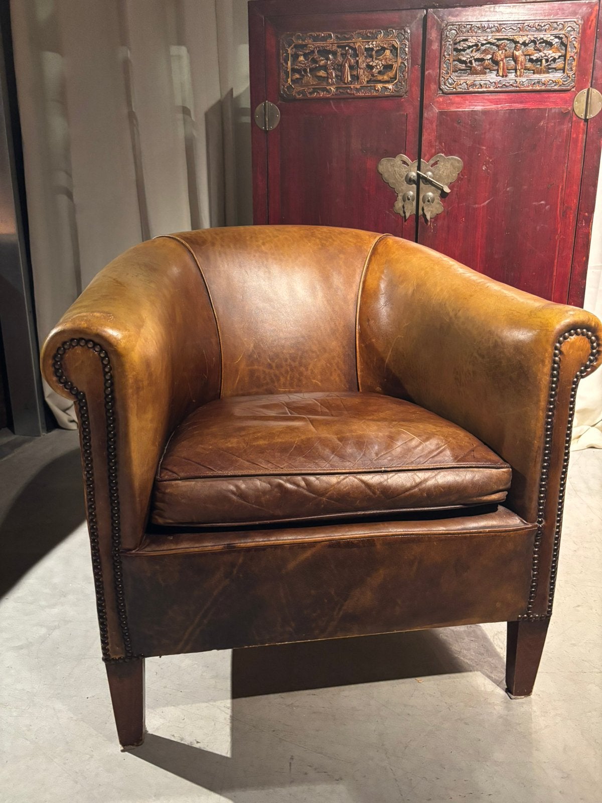 Clubfauteuil Runderleer Stoer Vintage, Gebruikt, 50 tot 75 cm, Leer, 75 tot 100 cm