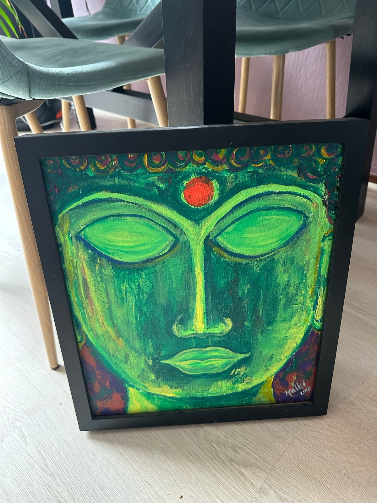 Schilderij Kalki Subramaniam - Groene Boeddha, Antiek en Kunst, Ophalen, Acrylverf, Doek, Expressionistisch