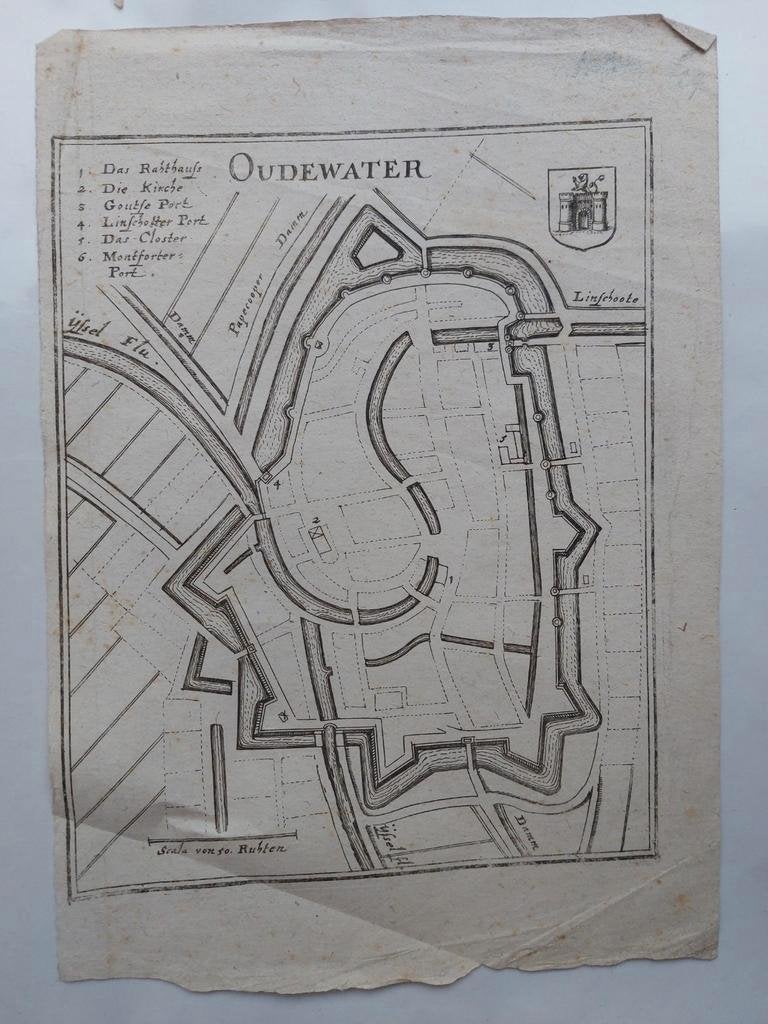 3 / Grondtekening Oudewater door Casper Merian uit 1659, Antiek en Kunst, Kunst | Etsen en Gravures, Ophalen of Verzenden