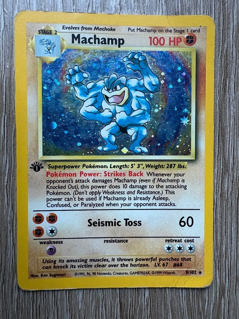 Machamp first edition, Ophalen of Verzenden, Gebruikt, Losse kaart, Foil