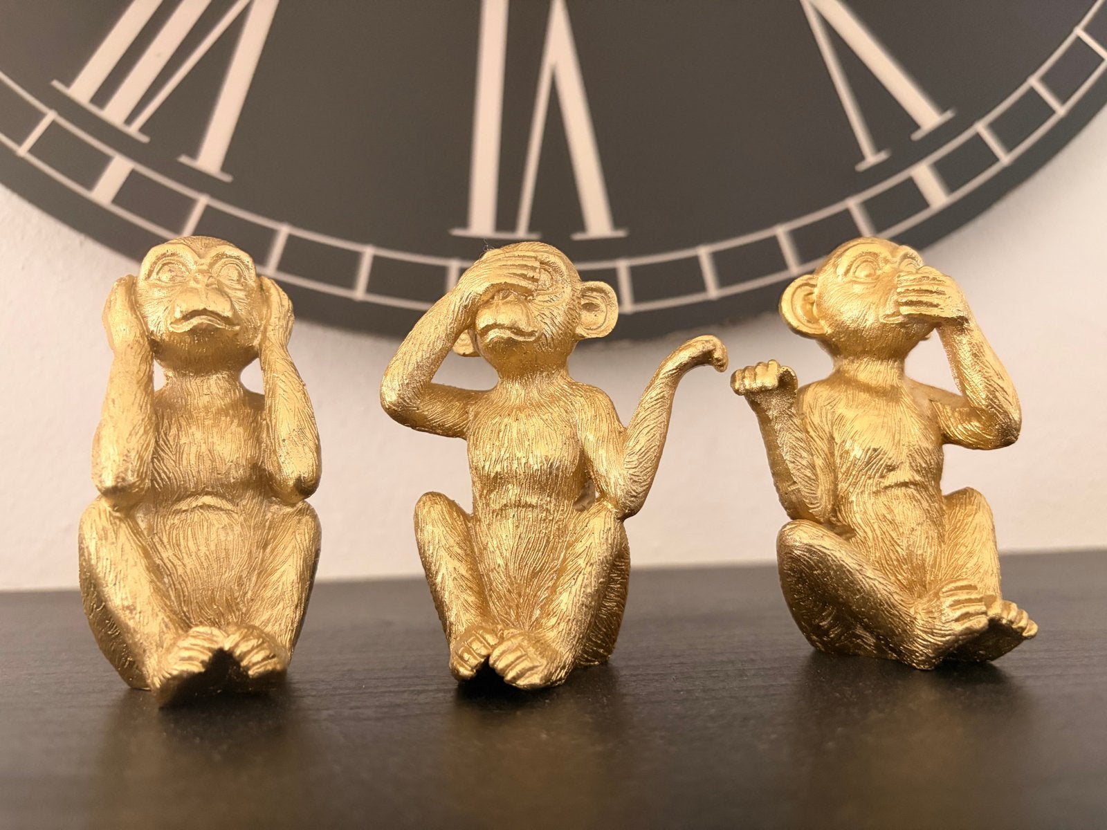 Set van 3 Gouden Apen Beeldjes - Horen, Zien,  Zwijgen, Overige materialen, Ophalen of Verzenden, Zo goed als nieuw, Goud