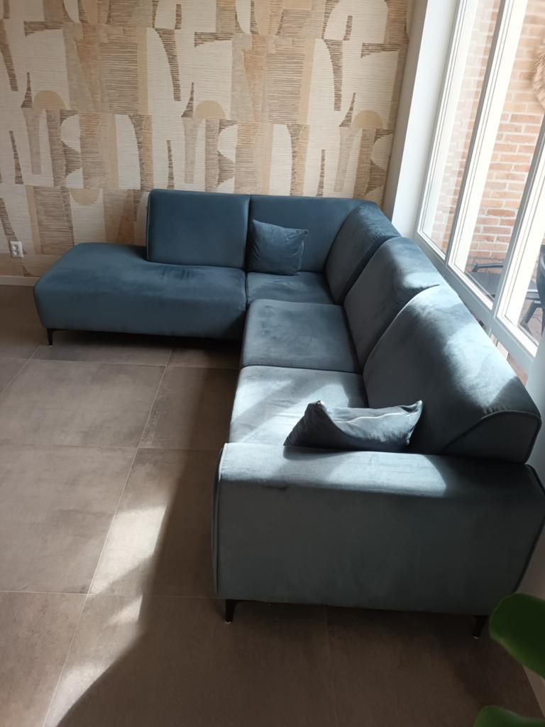 Moderne hoekbank - Blauw/Groen -Petrol, Huis en Inrichting, Banken | Bankstellen, 250 tot 300 cm, Gebruikt, Hoekbank, Vierpersoons of meer