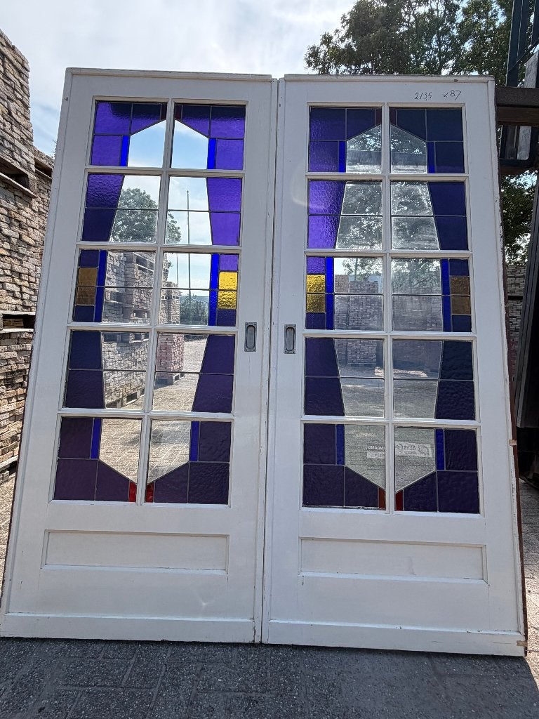 Set schuif / en-suite deuren met glas in lood 213.5x174cm, Antiek en Kunst, Curiosa en Brocante, Ophalen