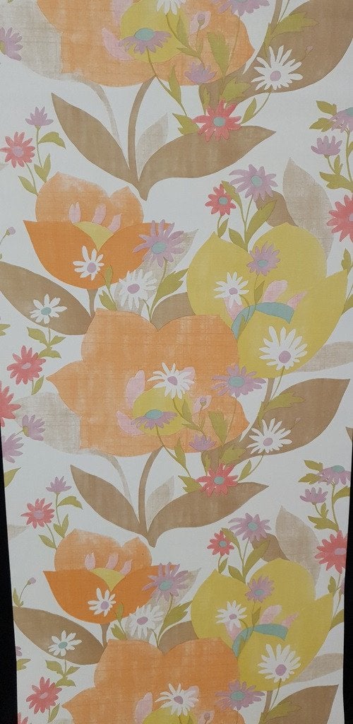 13713 Groovy vintage behang met grote  bloemen swiet, Ophalen of Verzenden, Wit