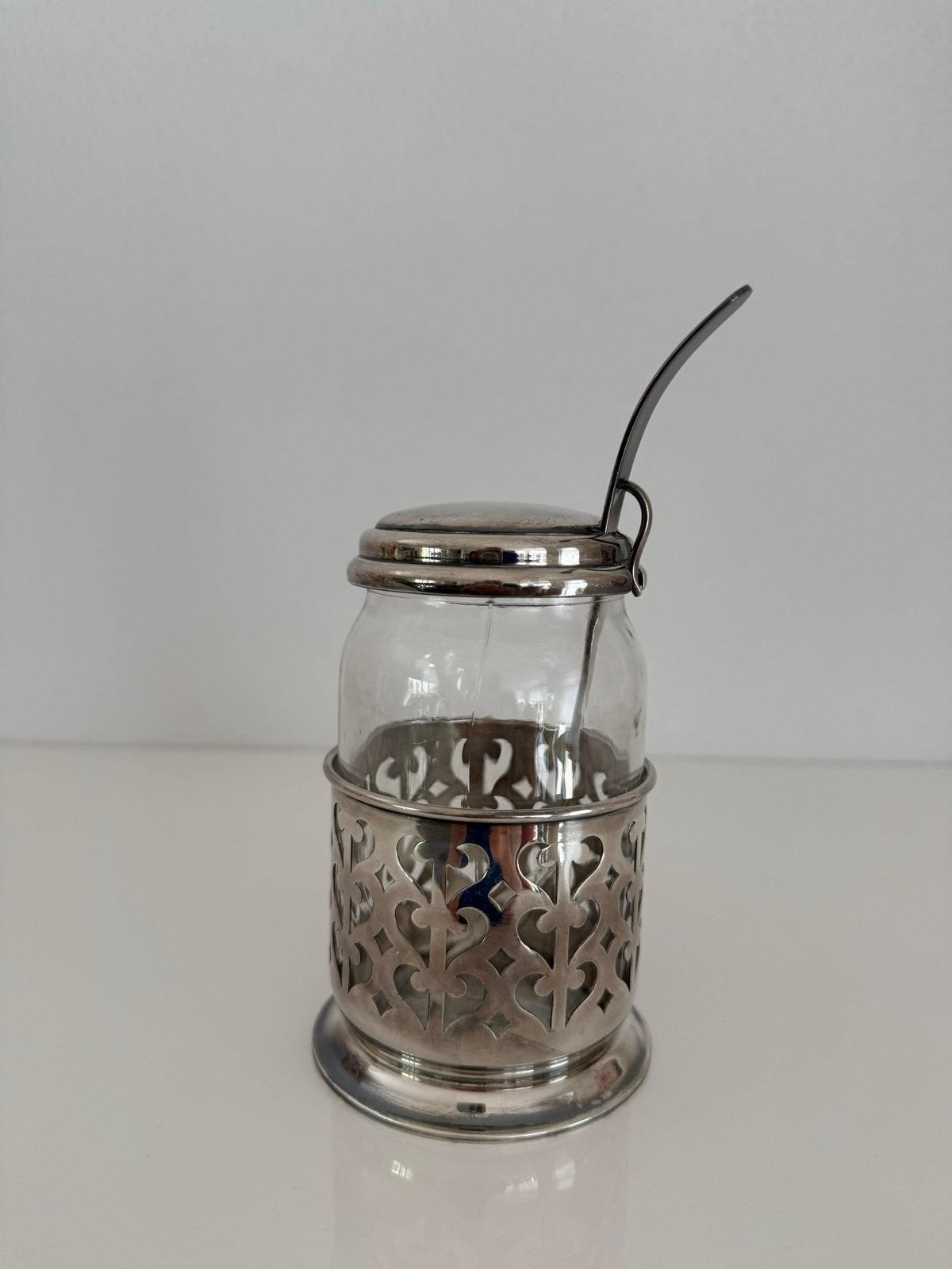 Vintage jampot met Lepel - Glas en Verzilverd (zilverpleet), Ophalen of Verzenden