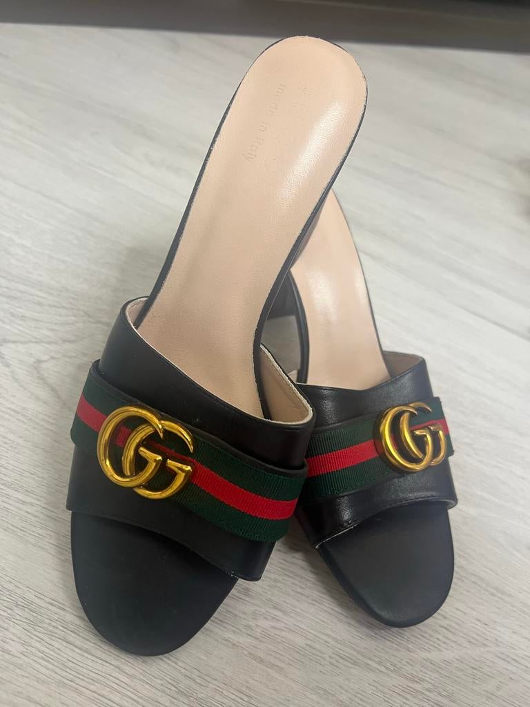 Gucci Muiltjes Zwart met Groen/Rood Band en GG Logo, Zwart, Nieuw, Sandalen of Muiltjes, Ophalen of Verzenden