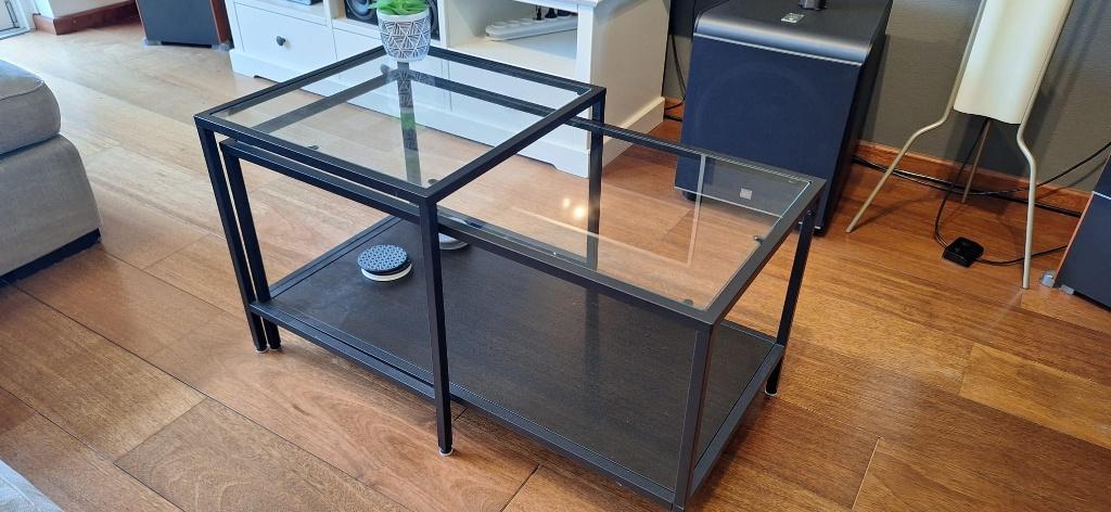 Moderne salontafel set / uitschuifbare glazen tafel – zwart, 50 tot 100 cm, Rond, Zo goed als nieuw, Glas