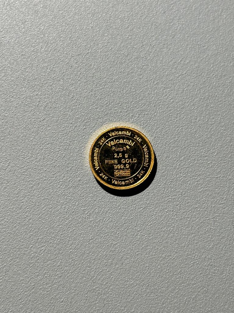 2,5 gram goud Valcambi ronde token baartje, Ophalen of Verzenden, Goud