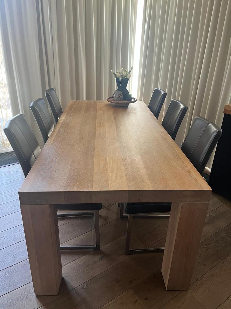 Eiken eettafel (220x100) met 6 leren stoelen, Huis en Inrichting, Tafels | Eettafels, Ophalen, Gebruikt, 100 tot 150 cm, Eikenhout