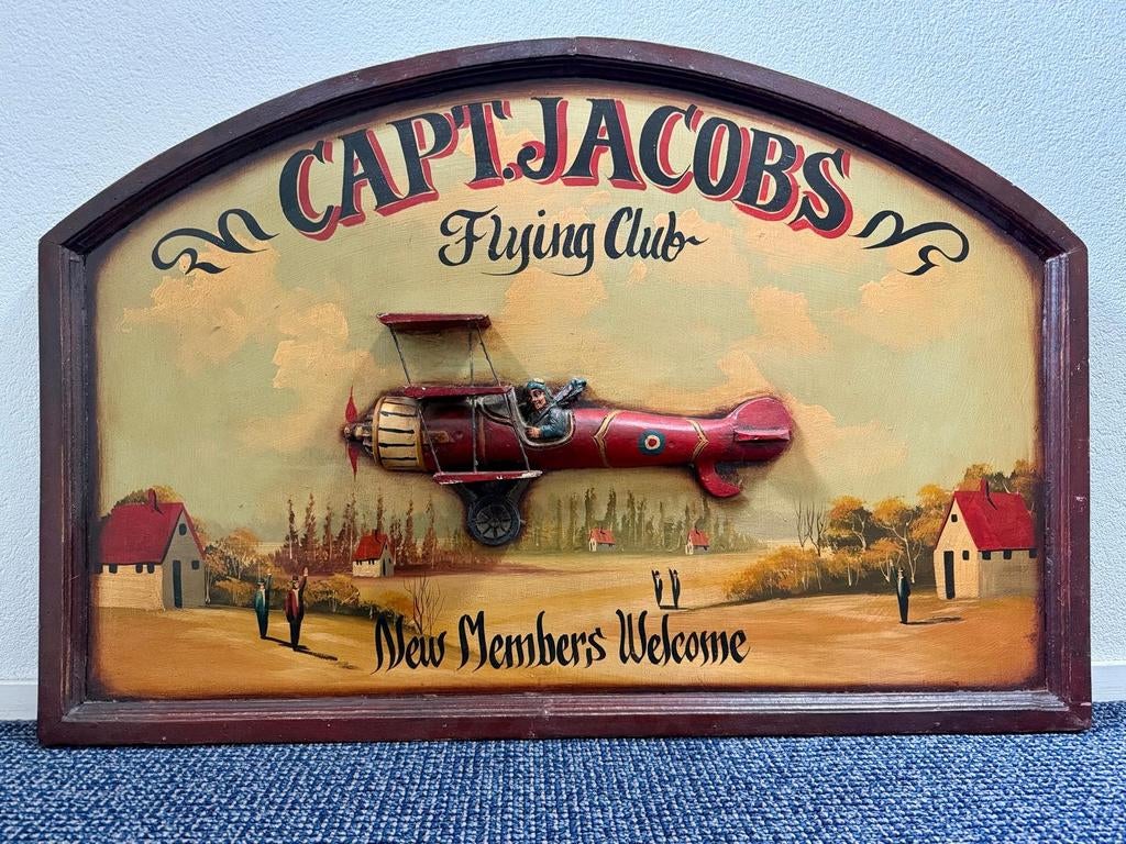 Vintage 'Capt Jacobs Flying Club' Houten Bord met Vliegtuig, Ophalen