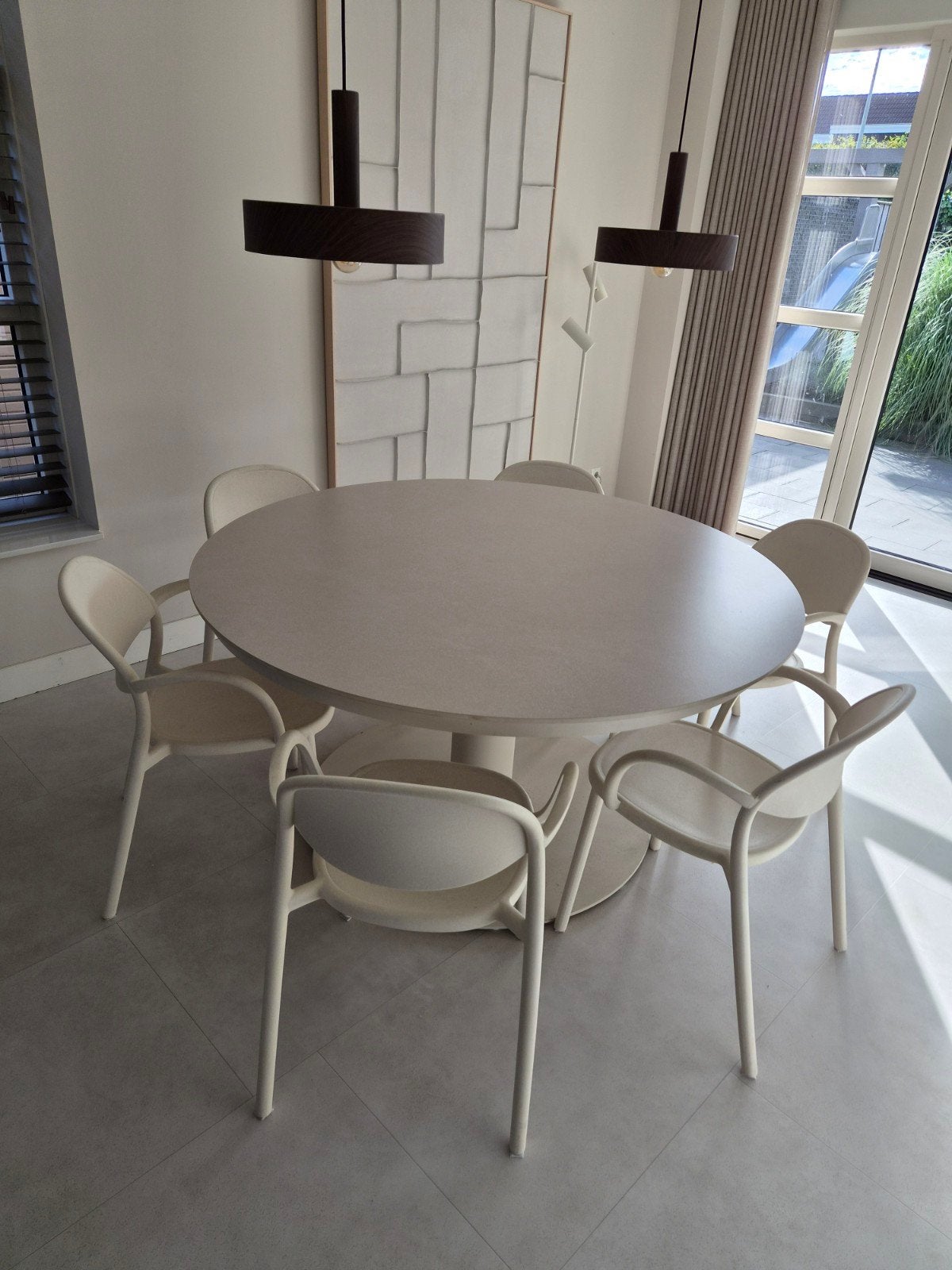 Keramische eettafel met 6 stoelen metalen poot binnen/buiten, Ophalen, Rond, 100 tot 150 cm, 100 tot 150 cm