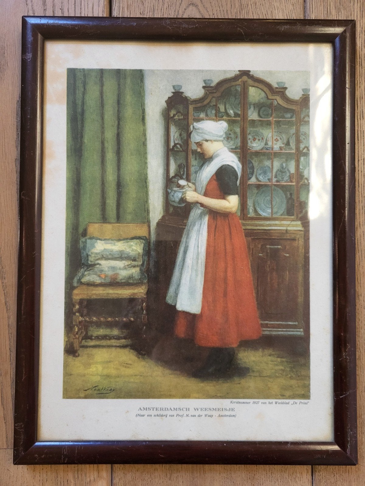 Antieke Kunstdruk(1927)-N. v.d. Waay-Amsterdamsch Weesmeisje, Ophalen of Verzenden, Vintage, Ingelijst, Portret of Personen