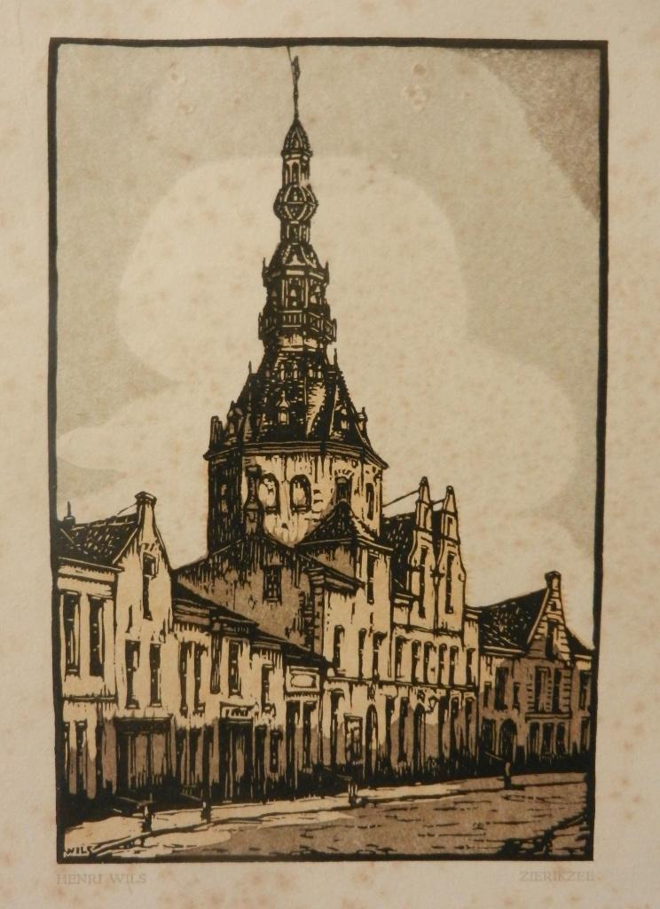 Houtsnede Stadhuis Zierikzee Henri Wils (1892-1967) 18x12 cm, Antiek en Kunst, 18 cm, Origineel, Stadsgezicht, Ophalen of Verzenden