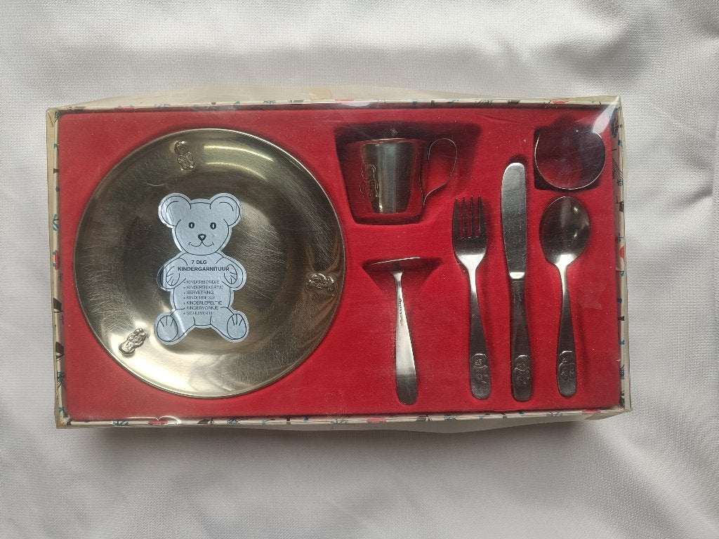 Vintage Amefa RVS kinder servies complete set, Antiek en Kunst, Antiek | Bestek, Ophalen of Verzenden